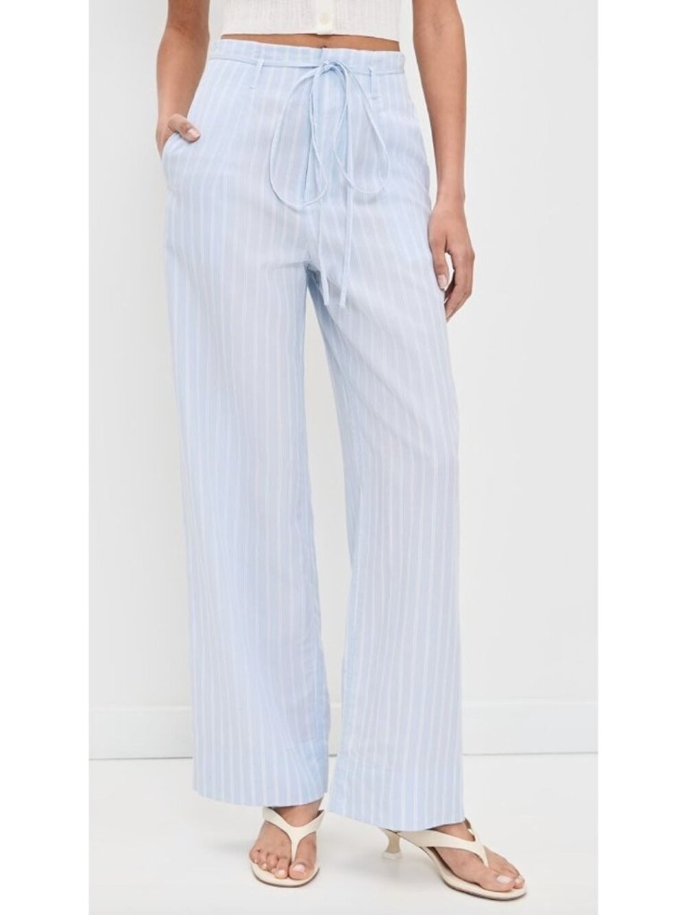 NWT ONIA Air Linen Paperbag Trouser Pants Light Sky Blue Pinstripe Size 6